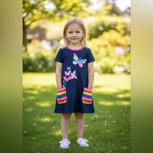 Colorful Butterfly Kids Dress with Rainbow Pockets
